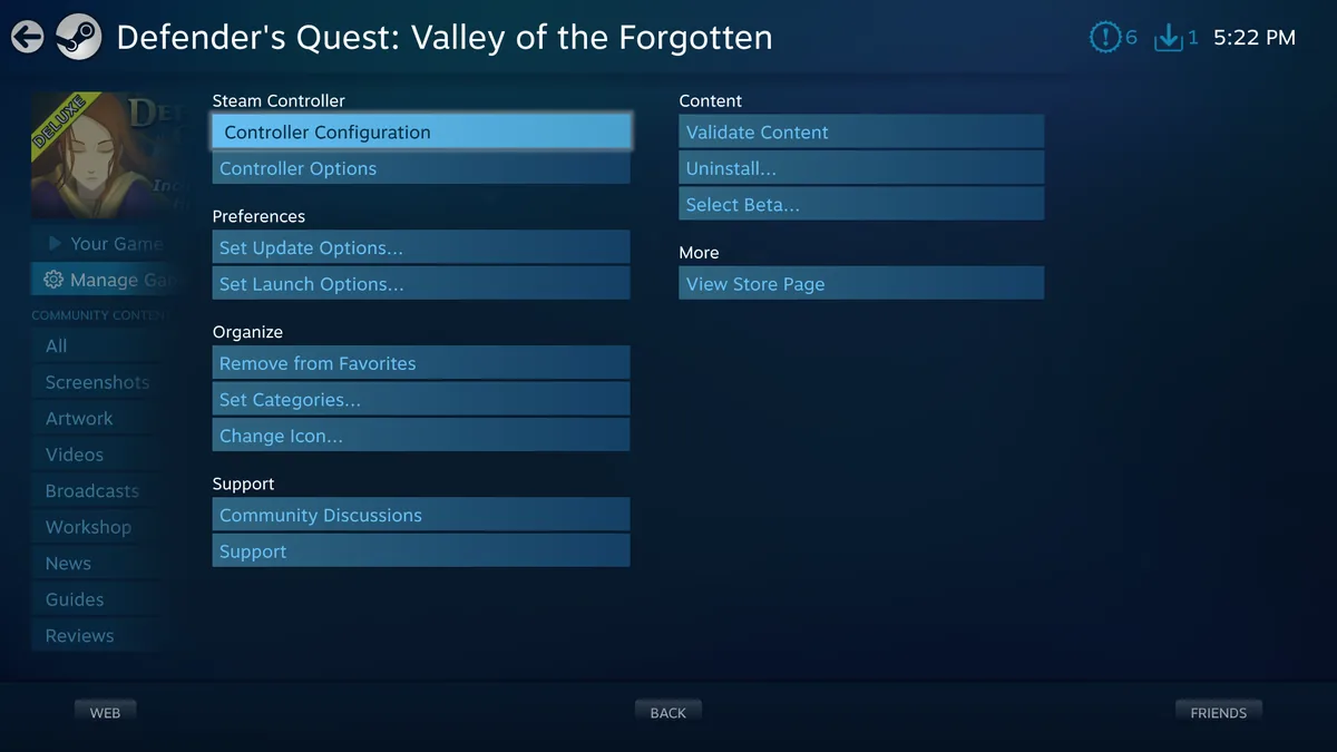 Steam Big Picture modu oyun yonetim ekrani - Steam Input denetleyici secenekleri menusu