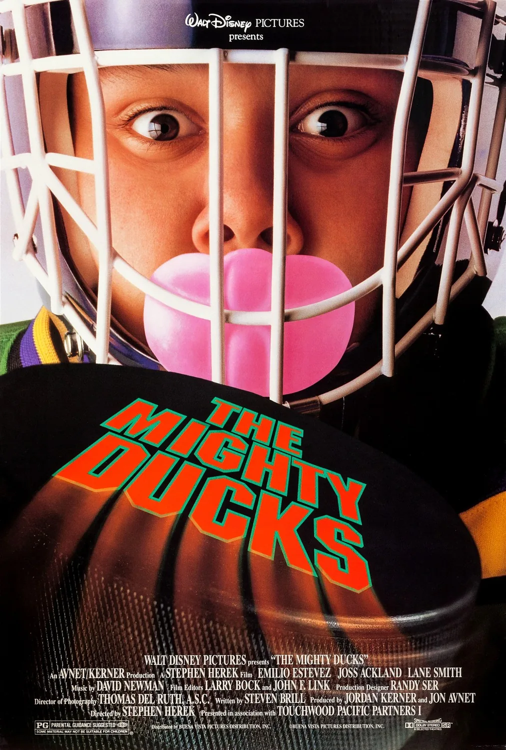 The Mighty Ducks 1992 filmi resmi afişi — çocuk buz hokeyi takımı