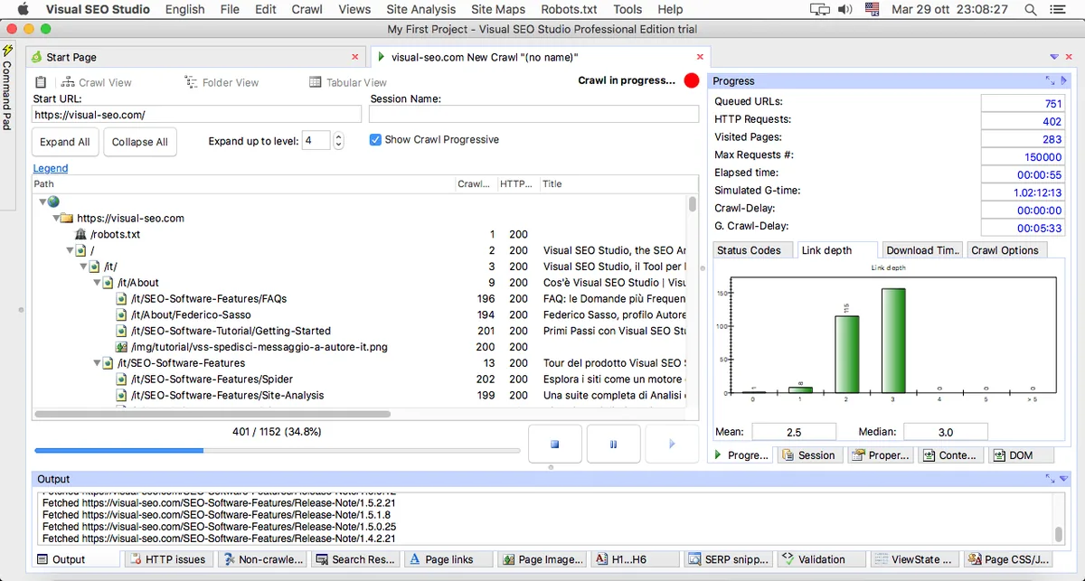 Visual SEO Studio Community Edition site tarama arayüzü Mac ekran görüntüsü