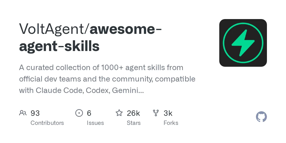 VoltAgent/awesome-agent-skills GitHub deposu — 1400 üzeri agent skill koleksiyonu
