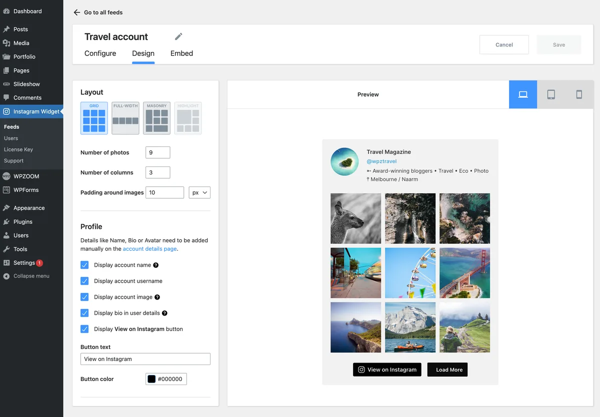 WPZOOM Social Feed Widget eklentisi WordPress admin paneli - Instagram akışı düzeni ve önizleme