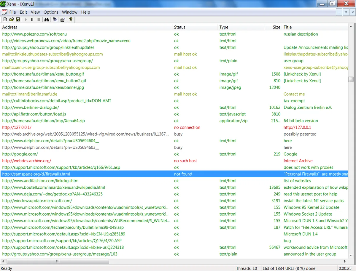 Xenu Link Sleuth kırık bağlantı tarama programı Windows arayüzü ekran görüntüsü