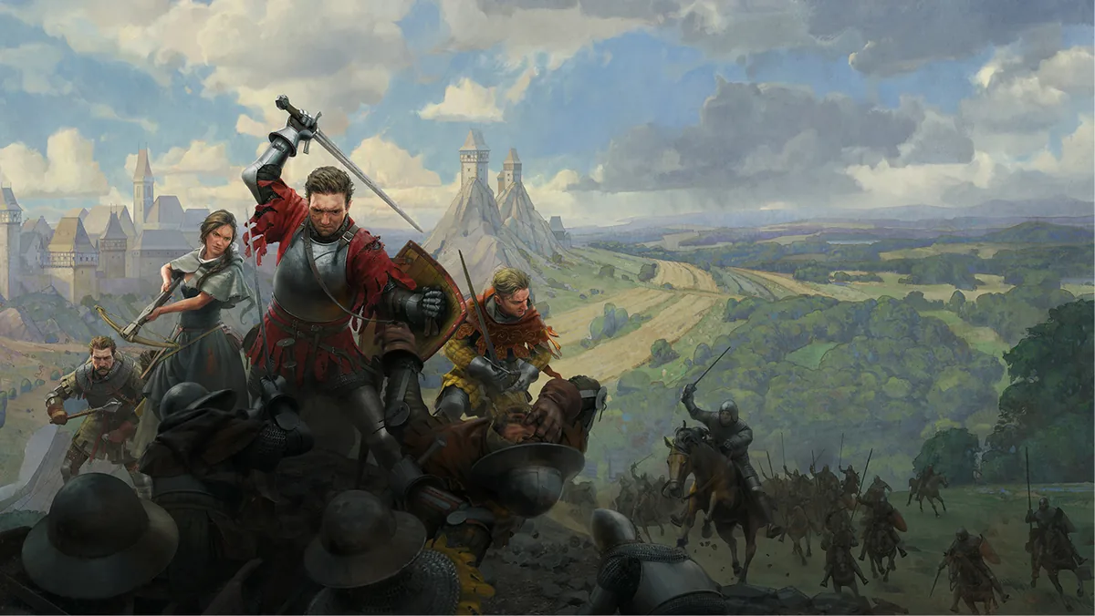 Kingdom Come: Deliverance II resmi key art görseli, zırhlı Orta Çağ savaşçıları ve Bohemya manzarası