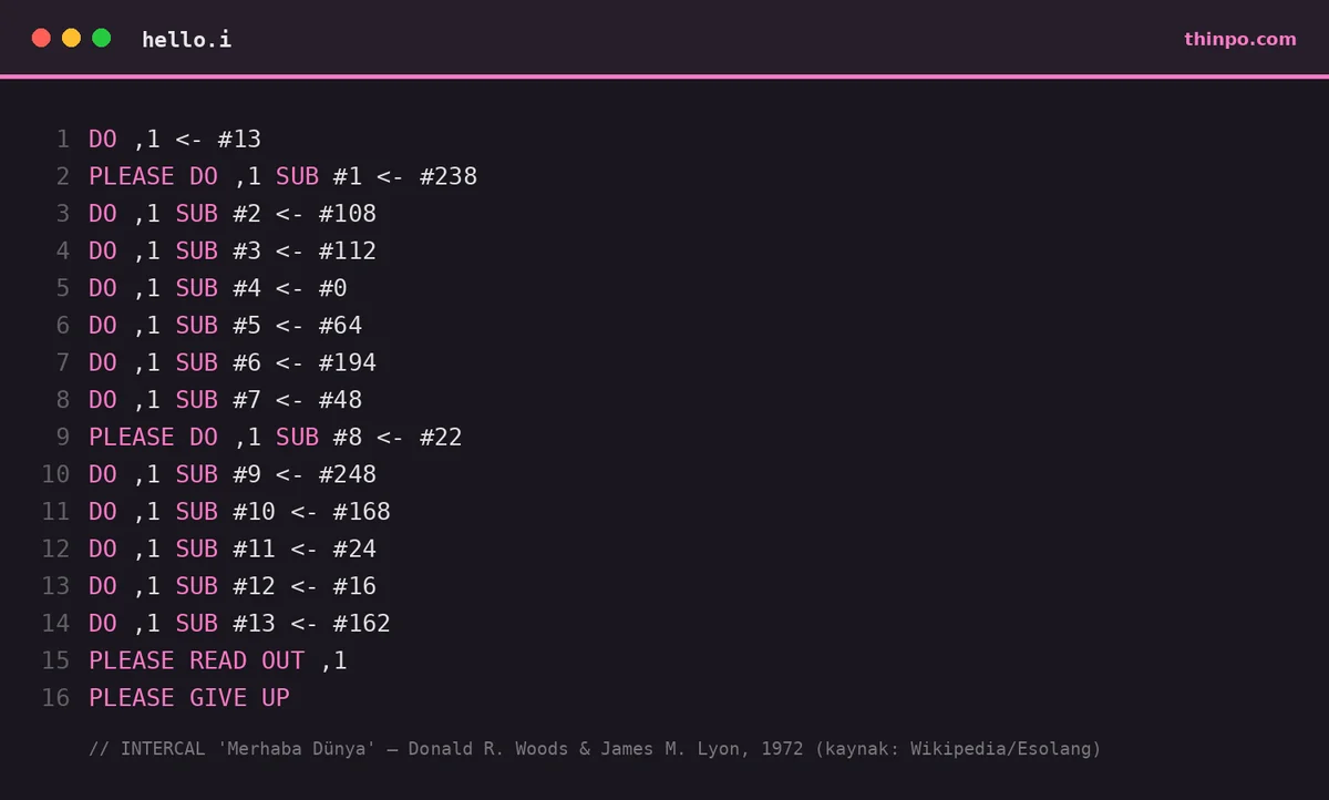 INTERCAL programlama dilinde PLEASE ve DO komutlarıyla yazılmış örnek Merhaba Dünya kaynak kodu ekran görüntüsü