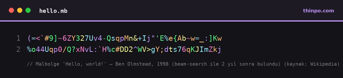 Malbolge programlama dilinde okunması neredeyse imkânsız, karmakarışık ASCII karakterlerinden oluşan Hello World kaynak kodu