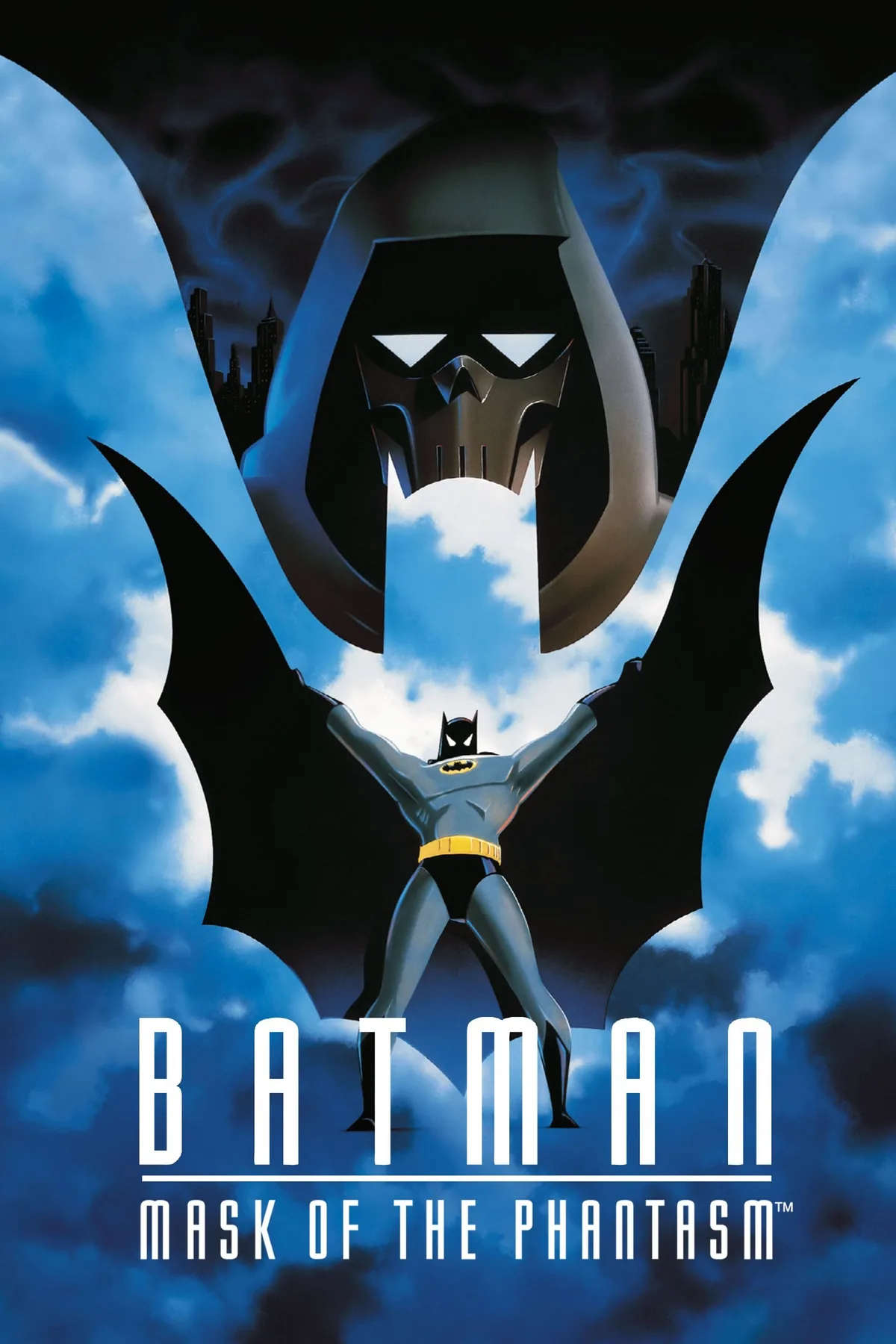 Batman: Mask of the Phantasm (1993) animasyon filminin resmi afişi; klasik çizgi film tarzı Batman ve gizemli Phantasm karakteri