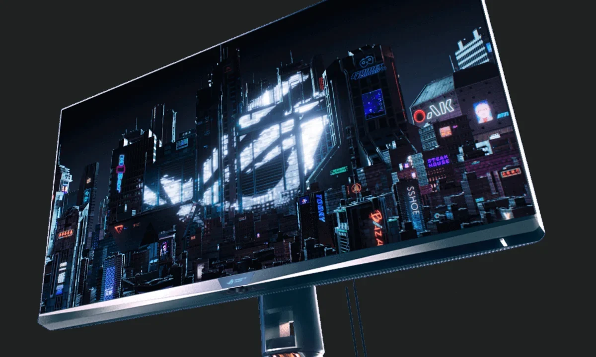 4K 144Hz destekli ASUS ROG Swift oyun monitörü, profesyonel stüdyo çekiminde yandan görünüm