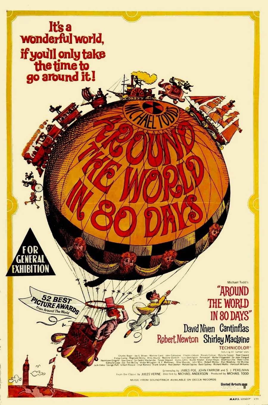 Around the World in 80 Days (1956) filminin resmi afişi — dünya turu temalı illüstrasyon