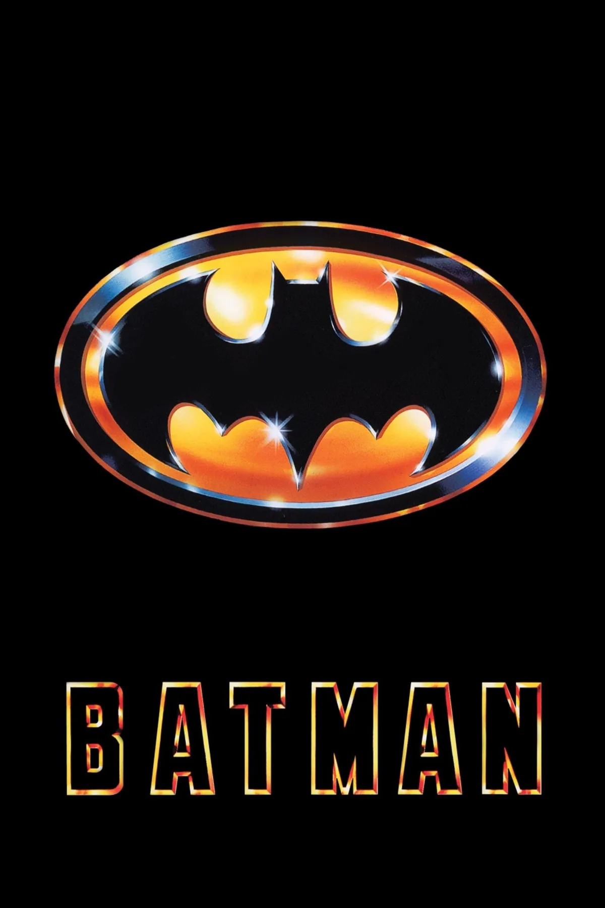 Batman (1989) filminin resmi afişi; ikonik krom yarasa logosu