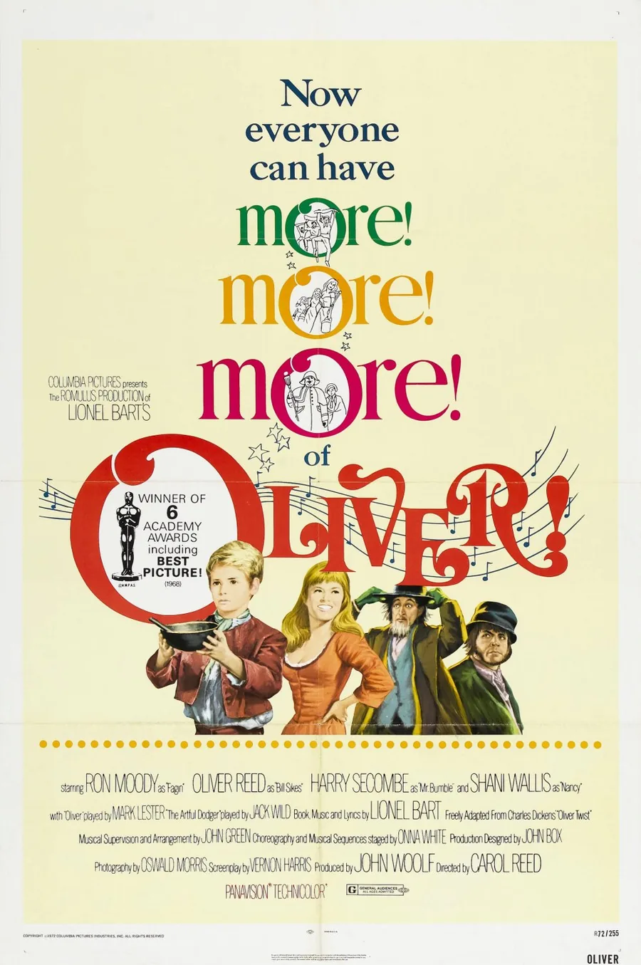 Oliver! (1968) müzikal filminin resmi afişi — Oscar heykelciği ve oyuncu kadrosu