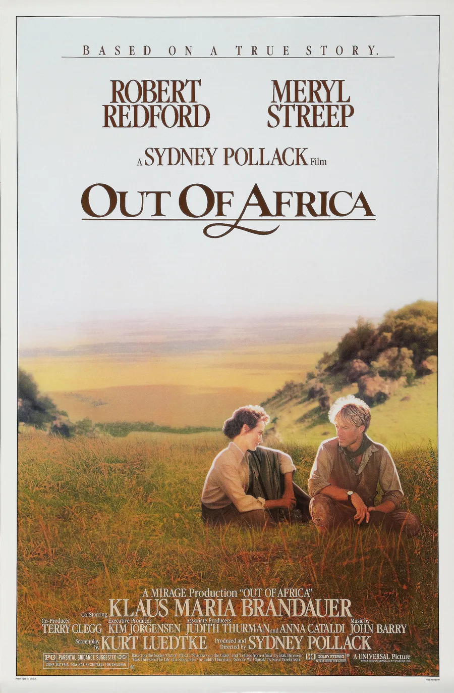 Out of Africa (1985) filminin resmi afişi — Robert Redford ve Meryl Streep, Afrika manzarası