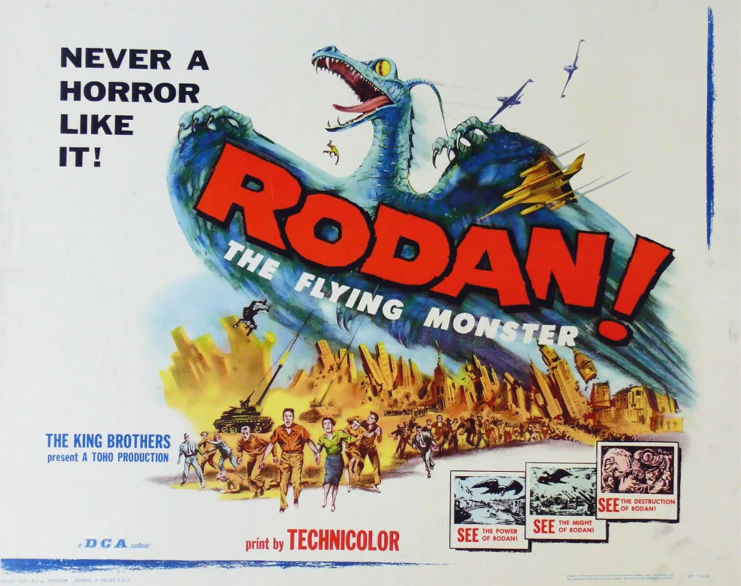 Rodan filminin 1956 tarihli resmi afişi; Toho'nun ilk renkli kaiju filminde dev tarih öncesi uçan canavar Rodan