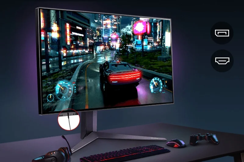 HDMI ve DisplayPort bağlantı ikonlarını gösteren 4K 144Hz monitör bağlantı şeması