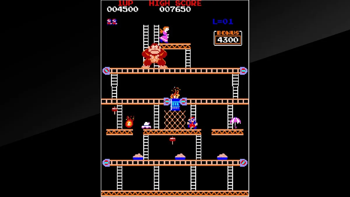 Donkey Kong 1981 oyununda Mario, Pauline ve turuncu varilleri fırlatan Donkey Kong ile sabit kameralı, ızgara düzenli merdivenler