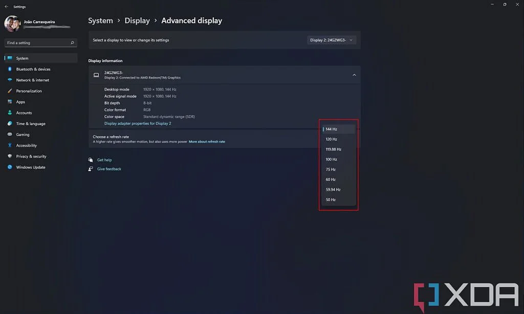 Windows 11 Gelişmiş ekran ayarlarında Yenileme hızını seç menüsünde 144 Hz seçili ekran görüntüsü