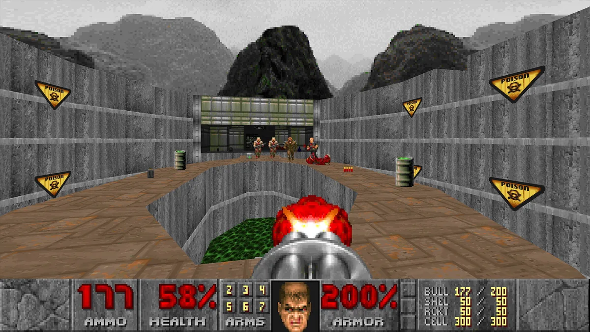 DOOM 1993 oyununda alçaltılmış zehirli bir çukurun etrafında yükseltilmiş yürüyüş yolu; erken dönem 3 boyutlu dikey seviye tasarımı