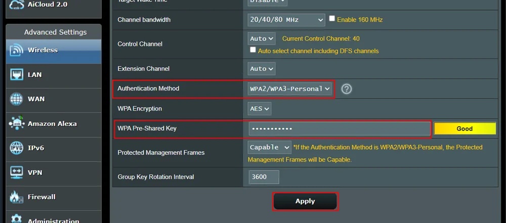 Router yönetim panelinde WPA2/WPA3-Personal kablosuz güvenlik protokolü seçim ekranı