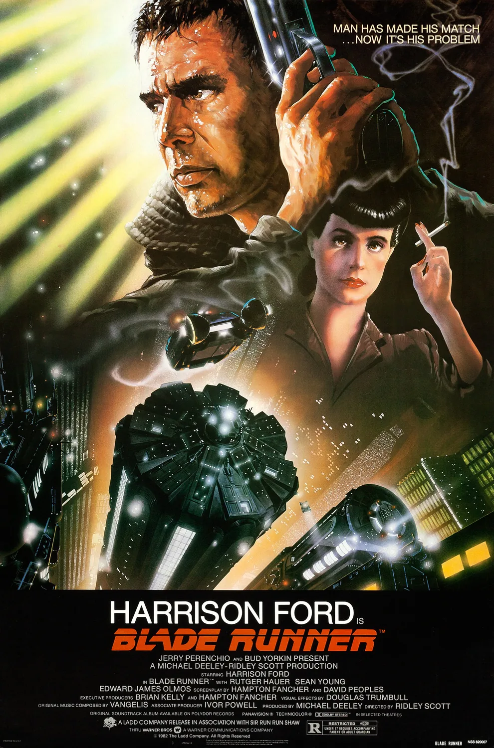 Blade Runner (1982) filminin resmi vizyon afişi; Harrison Ford ve neon ışıklı distopik Los Angeles