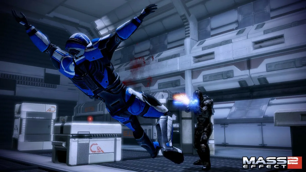 Mass Effect 2 oyununda Commander Shepard'ın ekibi bir uzay istasyonunda düşmana ateş açıyor, ekranda oyunun logosu görünüyor