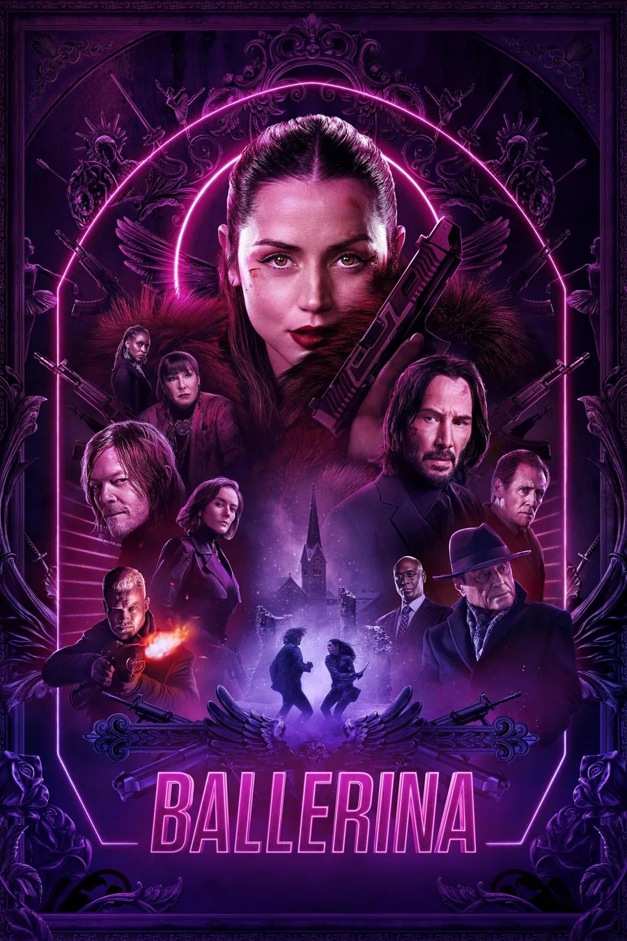 Ballerina filminin resmi afişinde Ana de Armas'ın canlandırdığı Eve karakteri ve Keanu Reeves ile oyuncu kadrosu