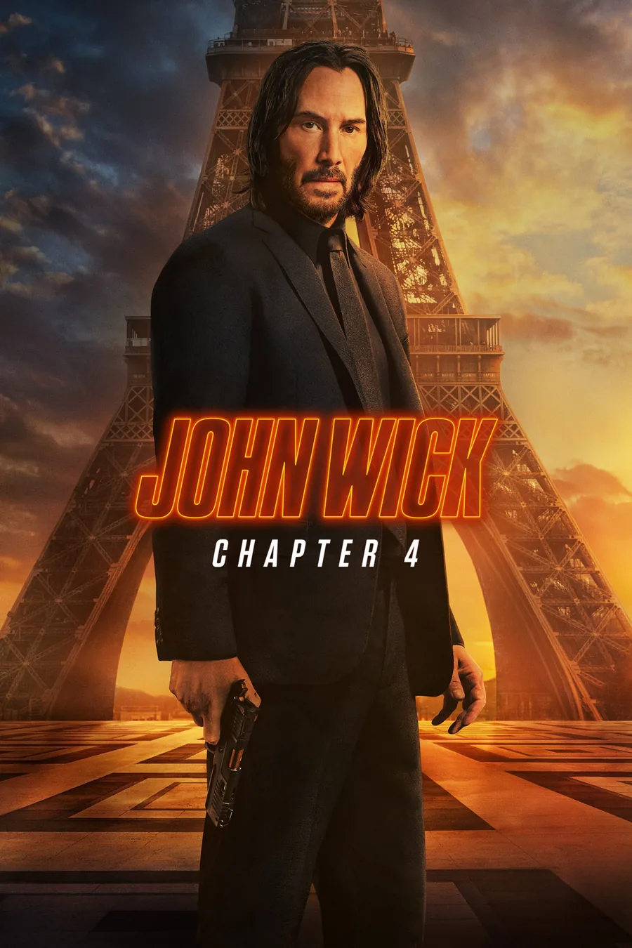 John Wick: Chapter 4 filminin resmi afişinde Keanu Reeves Paris Eyfel Kulesi önünde silahıyla dururken
