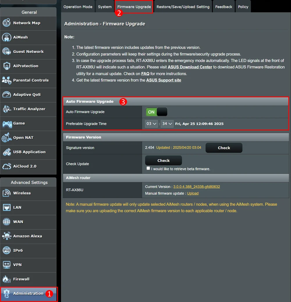 Router yönetim panelinde firmware güncelleme sayfası; mevcut sürüm ve güncelleme kontrolü görünüyor