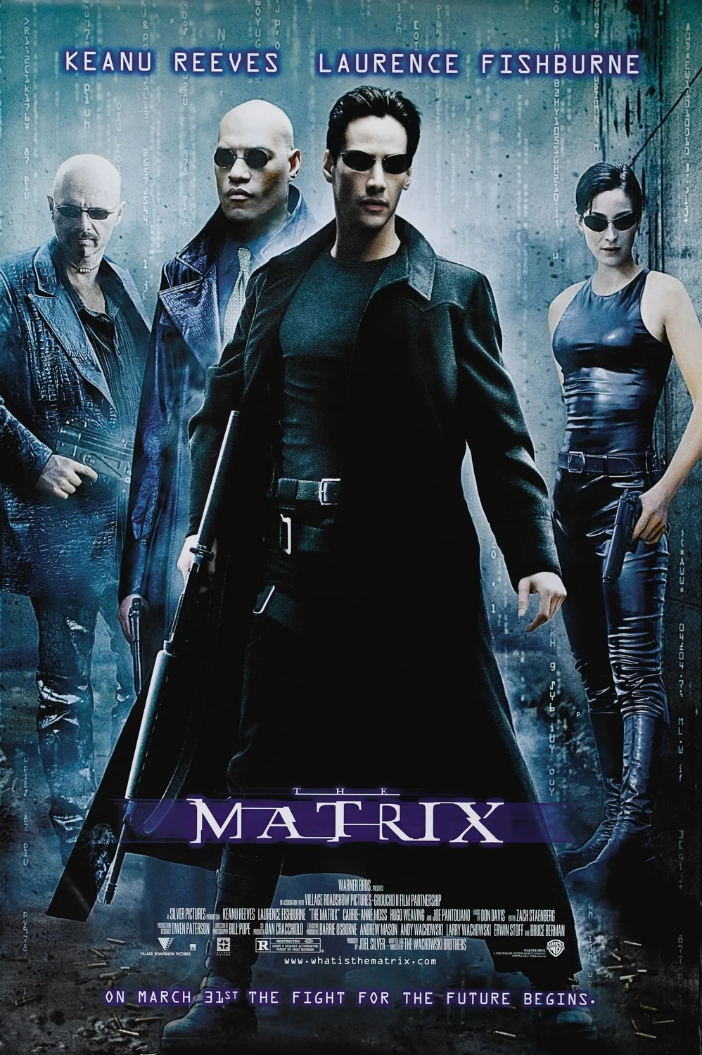 The Matrix (1999) filminin resmi vizyon afişi; Neo, Morpheus, Trinity ve diğer karakterler