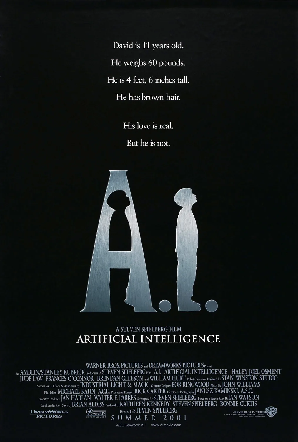 A.I. Artificial Intelligence (2001) filminin resmi vizyon afişi; David ve Teddy'nin silüeti