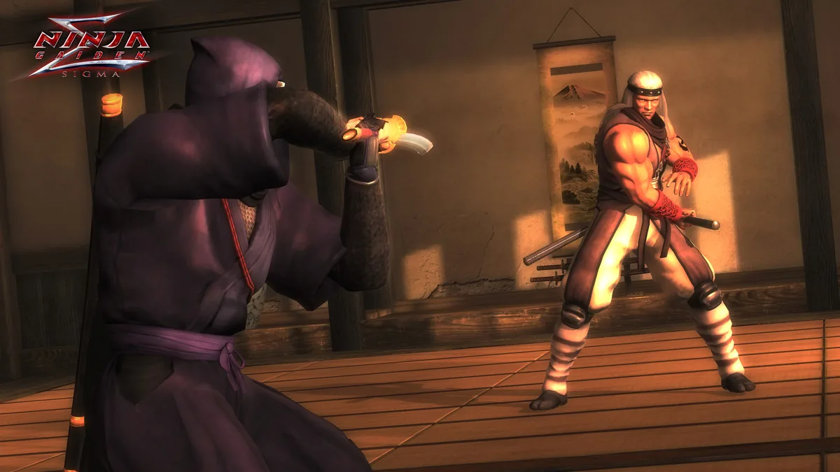 Ninja Gaiden serisinde Ryu Hayabusa geleneksel bir Japon mekanında rakibiyle kılıç dövüşü yapıyor