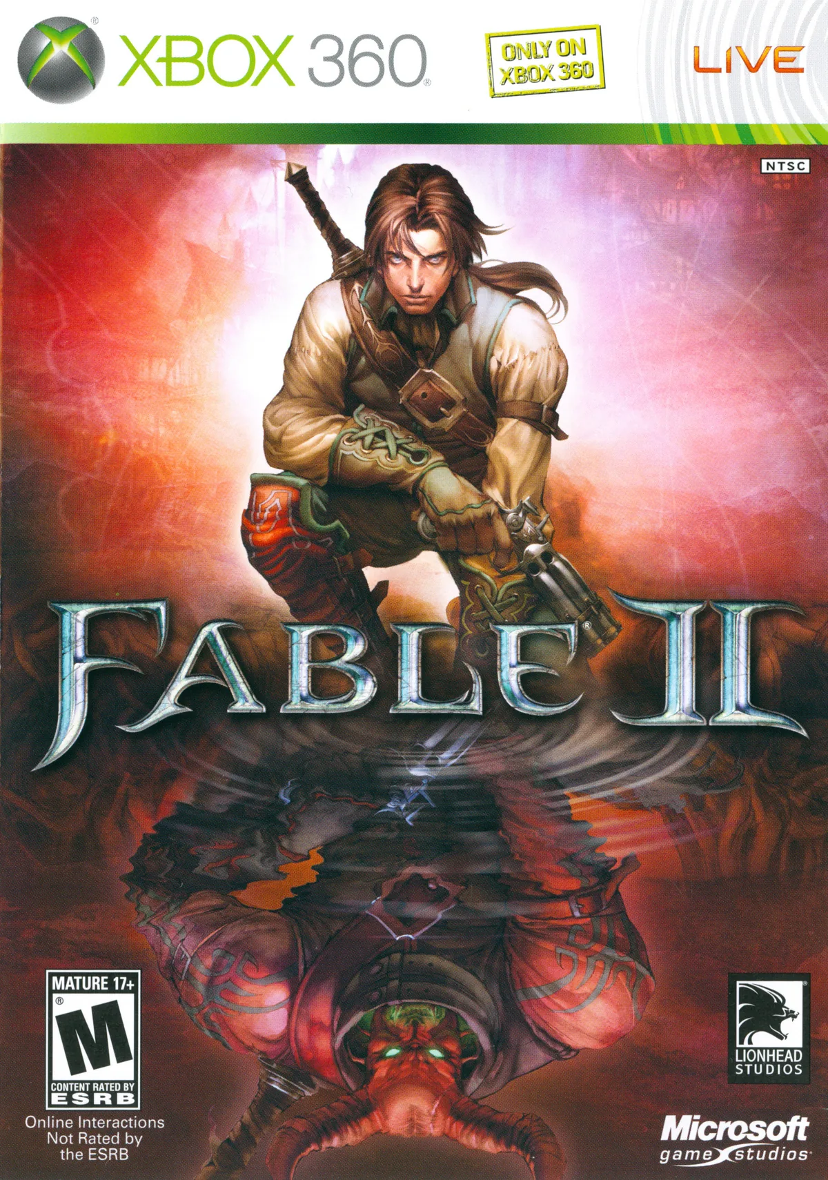 Fable II oyununun resmi kapak sanatı: elinde kılıç ve tabancayla diz çökmüş kahraman, suya yansıyan şeytani figür