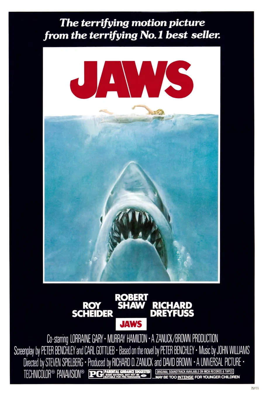 Denizin Dişleri (Jaws, 1975) filminin ikonik resmi afişi — yüzücünün altından yükselen köpekbalığı