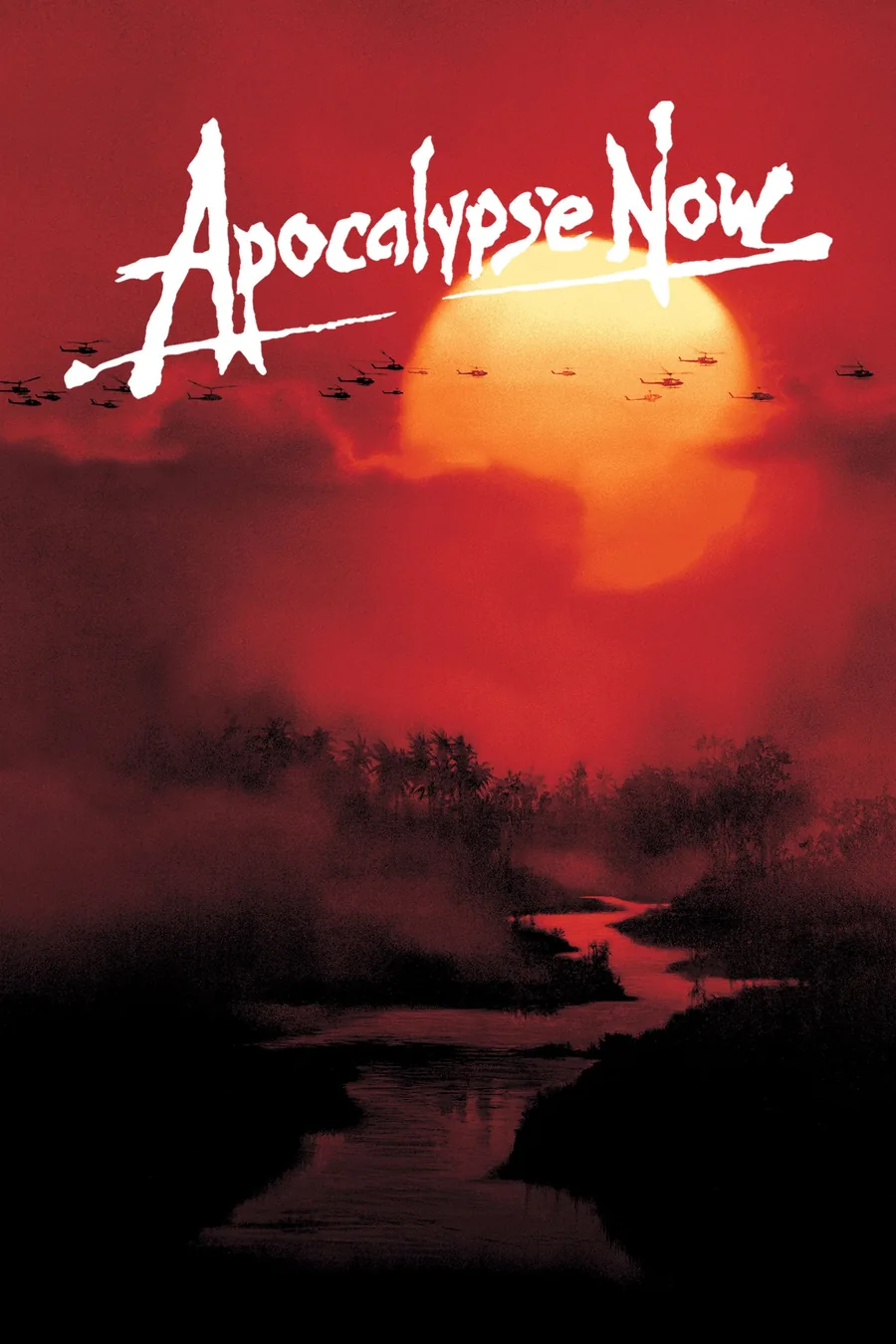 Kıyamet (Apocalypse Now, 1979) filminin resmi afişi — helikopter siluetleri ve gün batımı
