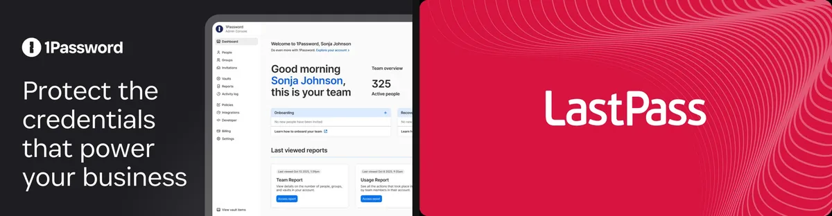 1Password ve LastPass logoları yan yana; iki popüler şifre yöneticisinin karşılaştırması