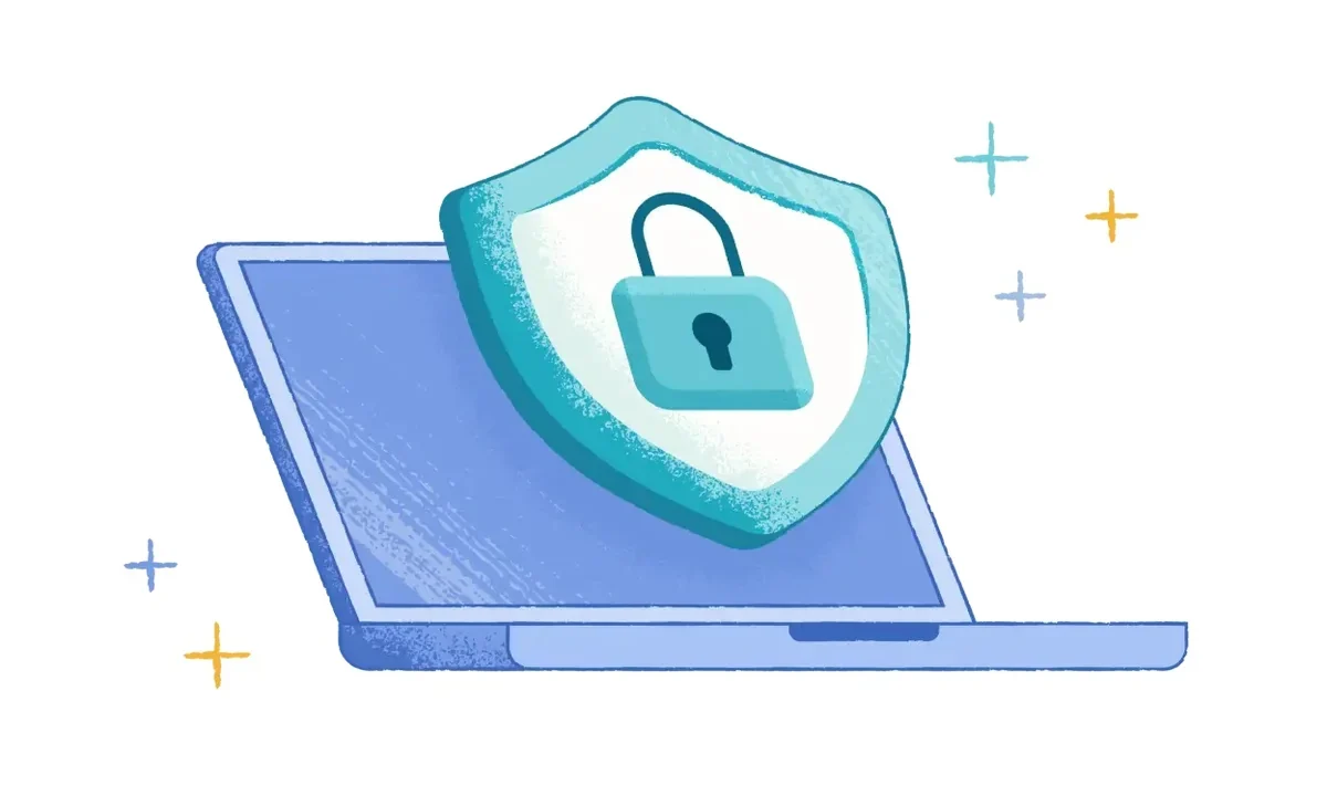 1Password ve LastPass karşılaştırması: dizüstü bilgisayar ekranında kalkan ve asma kilit ile simgelenen şifre yöneticisi güvenliği