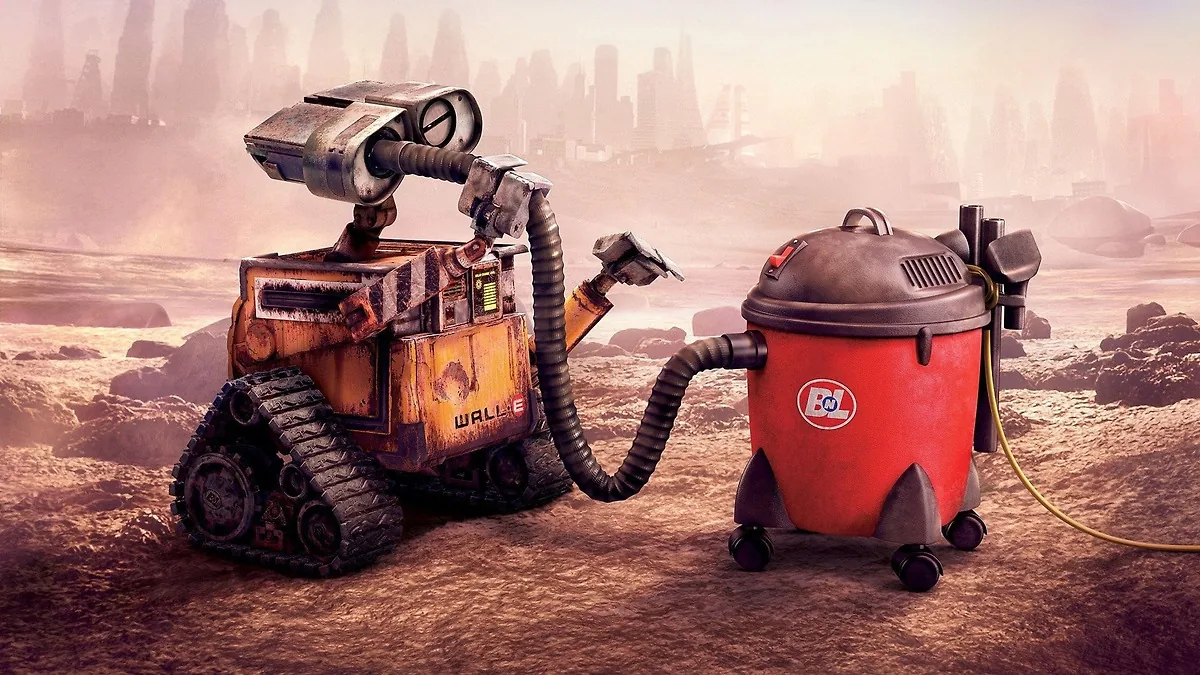 WALL-E filminde robot WALL-E, terk edilmiş Dünya manzarasında BnL marka bir elektrikli süpürgenin yanında