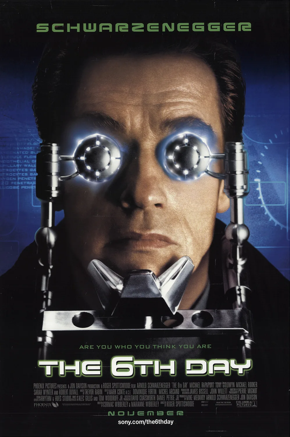The 6th Day 2000 filminin resmi afişi — Arnold Schwarzenegger'in klonlama temalı bilim kurgu filminde çifte rolüyle