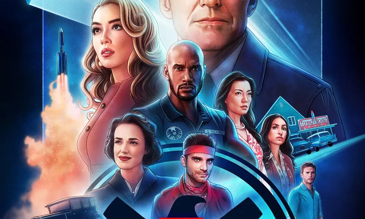 Marvel'ın Agents of S.H.I.E.L.D. dizisinin resmi afişi: Phil Coulson liderliğindeki S.H.I.E.L.D. ekibi ve S.H.I.E.L.D. kartal logosu