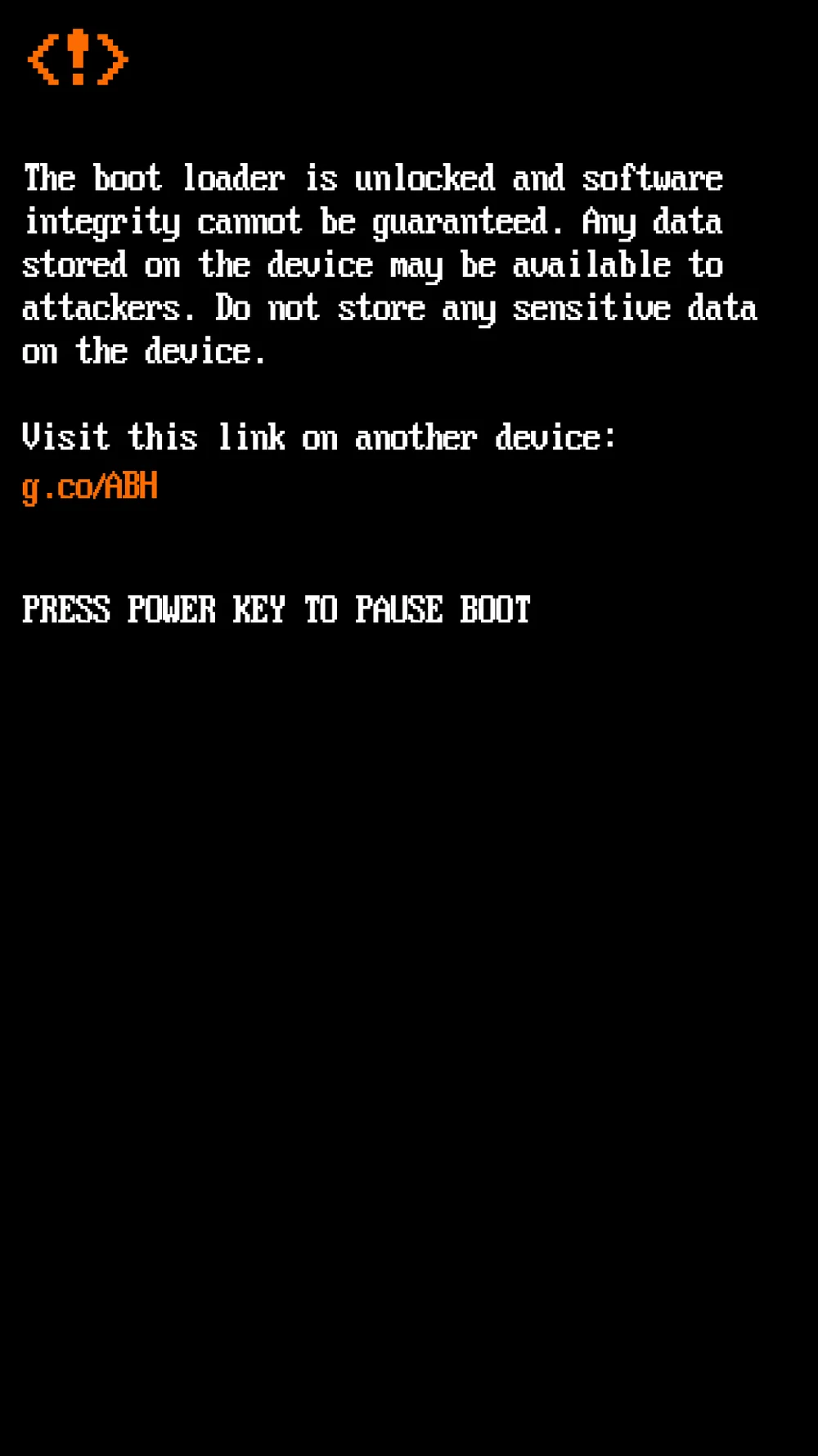 Bootloader kilidi açılmış bir Android cihazda açılışta görülen turuncu uyarı yazısı: yazılım bütünlüğü garanti edilemez uyarı ekranı