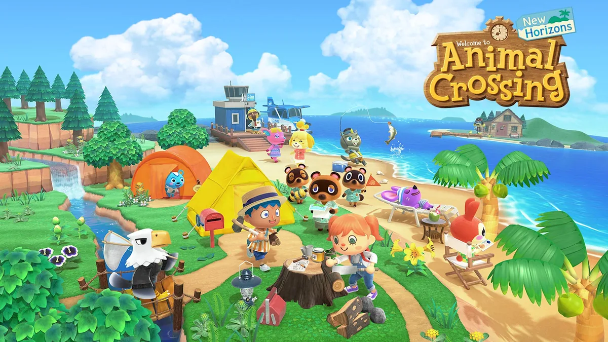 Animal Crossing New Horizons resmi kapak görseli: oyuncu karakteri, Tom Nook ve sevimli hayvan komşularla ada kıyısı