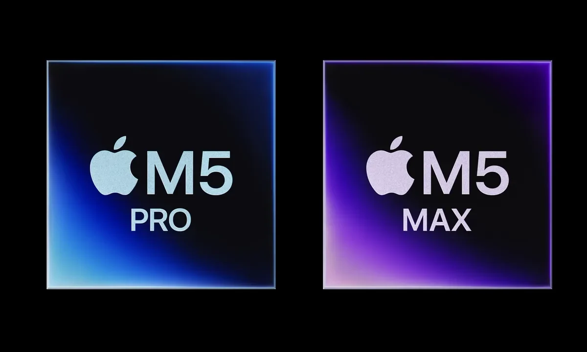 Apple M5 Pro ve M5 Max yapay zeka çiplerinin karanlık arka planda parlayan resmi tanıtım görseli