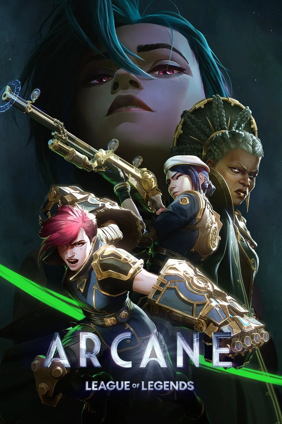 Arcane dizisinin resmi afişi: League of Legends evreninden Vi, Jinx ve diğer ana karakterler Piltover-Zaun estetiğinde bir arada