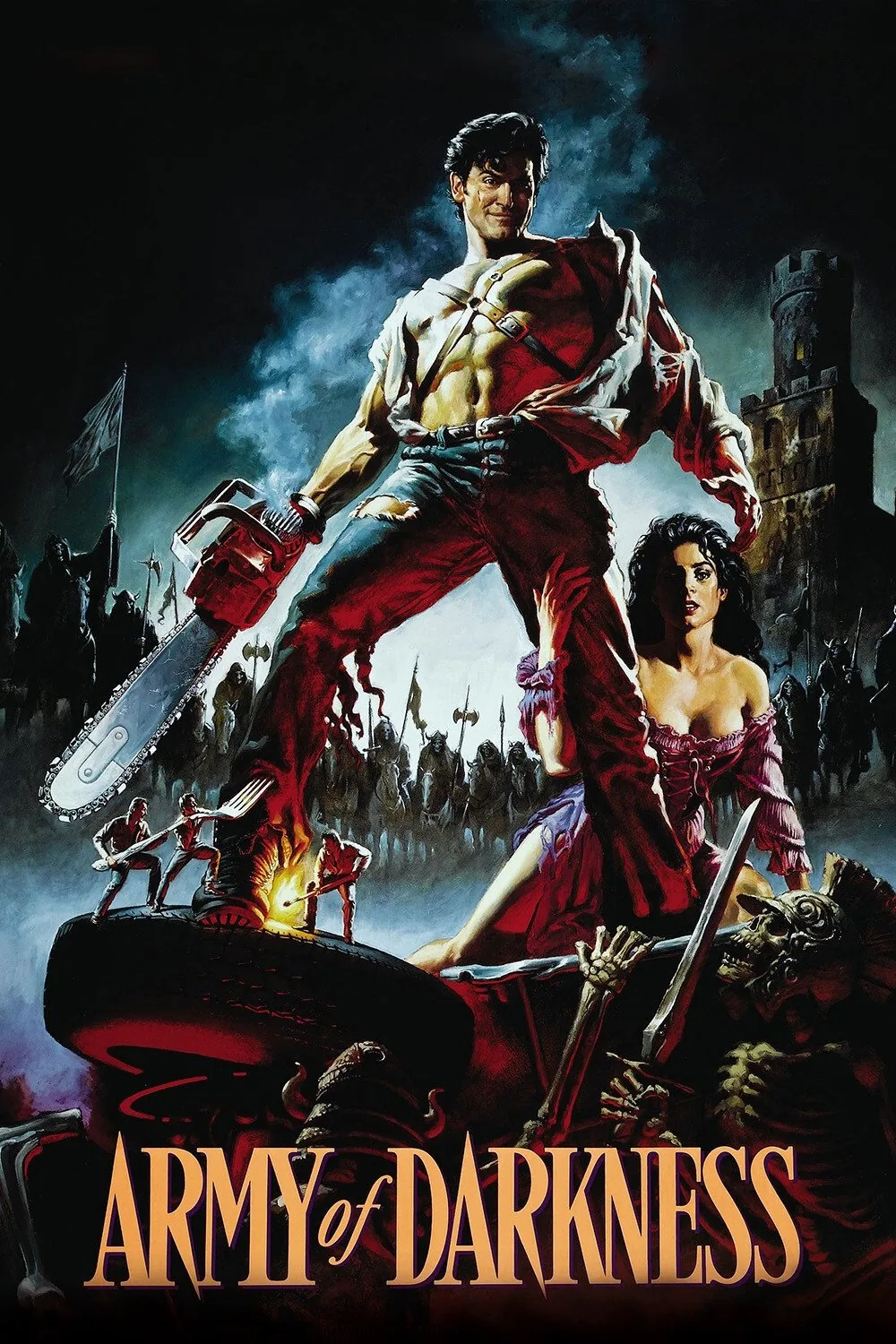 Army of Darkness 1992 filminin resmi afişi — Ash Williams motorlu testere ve pompalı tüfekle
