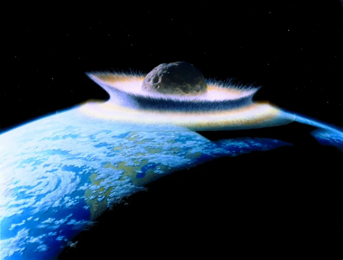 Büyük bir asteroitin erken Dünya yüzeyine çarparak kabuğu eritip devasa bir krater ve magma bölgesi oluşturduğu anı gösteren bilimsel illüstrasyon