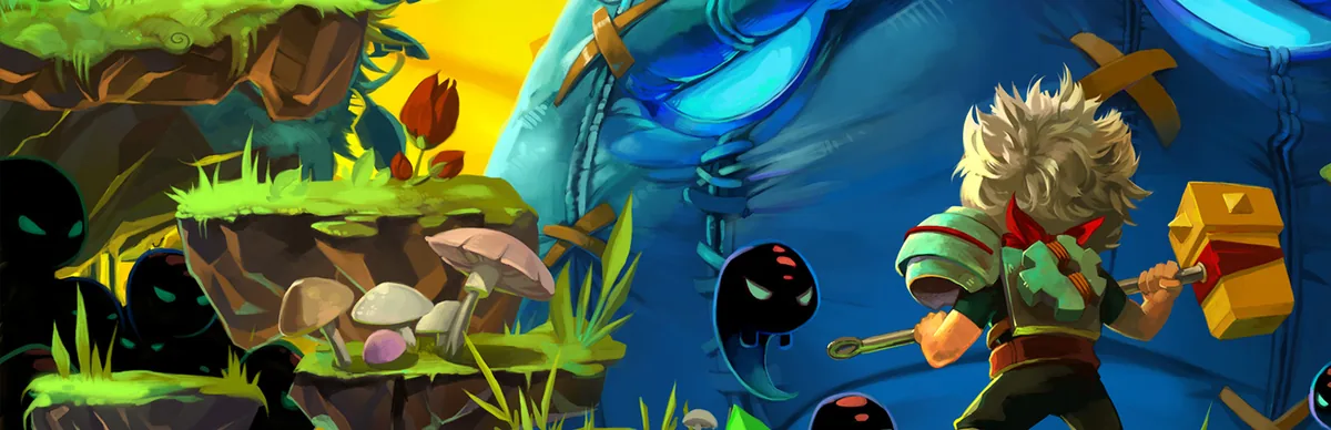 Bastion oyununun resmi key art görseli: elinde büyük çekiciyle havada süzülen taş bir platform üzerinde duran Çocuk (the Kid) karakteri, Supergiant Games Bastion oyunu
