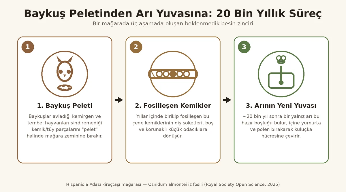 Baykuş peletinden fosilleşmiş kemiklere ve arı yuvasına uzanan üç aşamalı süreci gösteren infografik