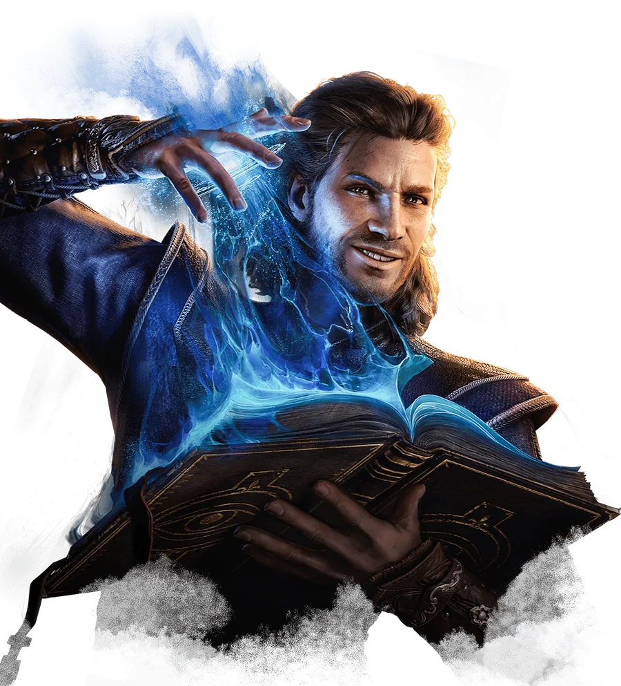 Baldur's Gate 3'te büyücü Gale Dekarios, Weave büyüsü ve açık tomarıyla resmi karakter görselinde