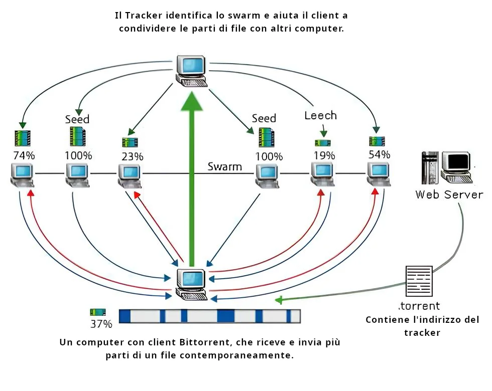 BitTorrent protokolünde tracker, seed, leech ve swarm arasındaki veri akışını gösteren şema