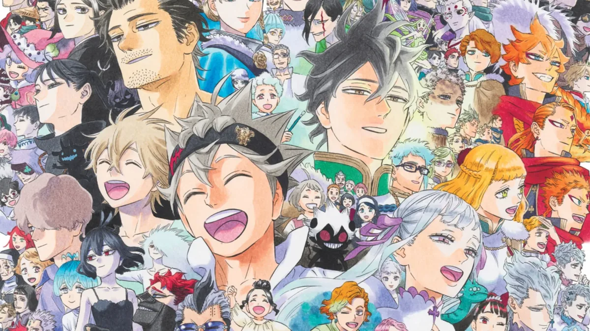 Black Clover final bölümünde Asta ve Kara Boğalar dahil serinin tüm ana karakterlerini bir arada gösteren resmi kolaj görseli