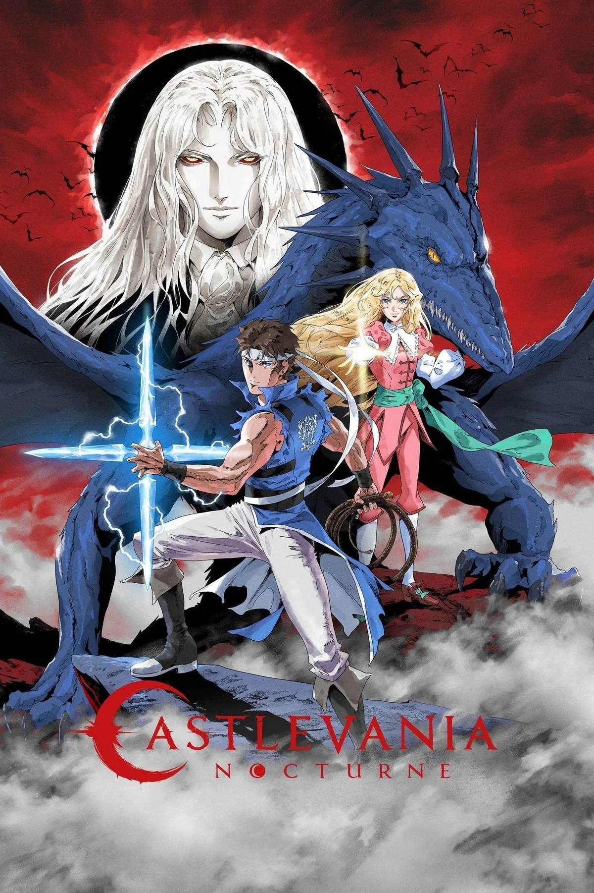 Castlevania: Nocturne dizisinin resmi afişi: Richter Belmont, Annette ve dev bir ejderha, kızıl dolunay altında gotik atmosferde