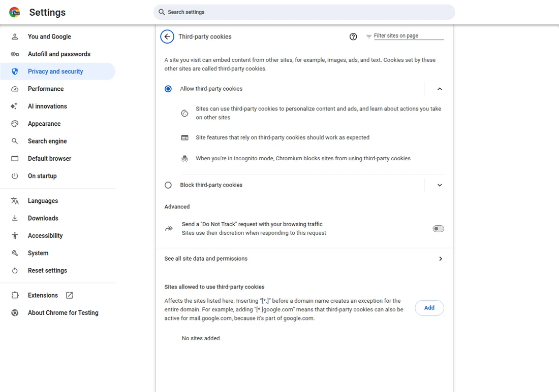 Google Chrome tarayıcısının Gizlilik ve güvenlik ayarlarında üçüncü taraf çerezleri yönetim ekranının görüntüsü